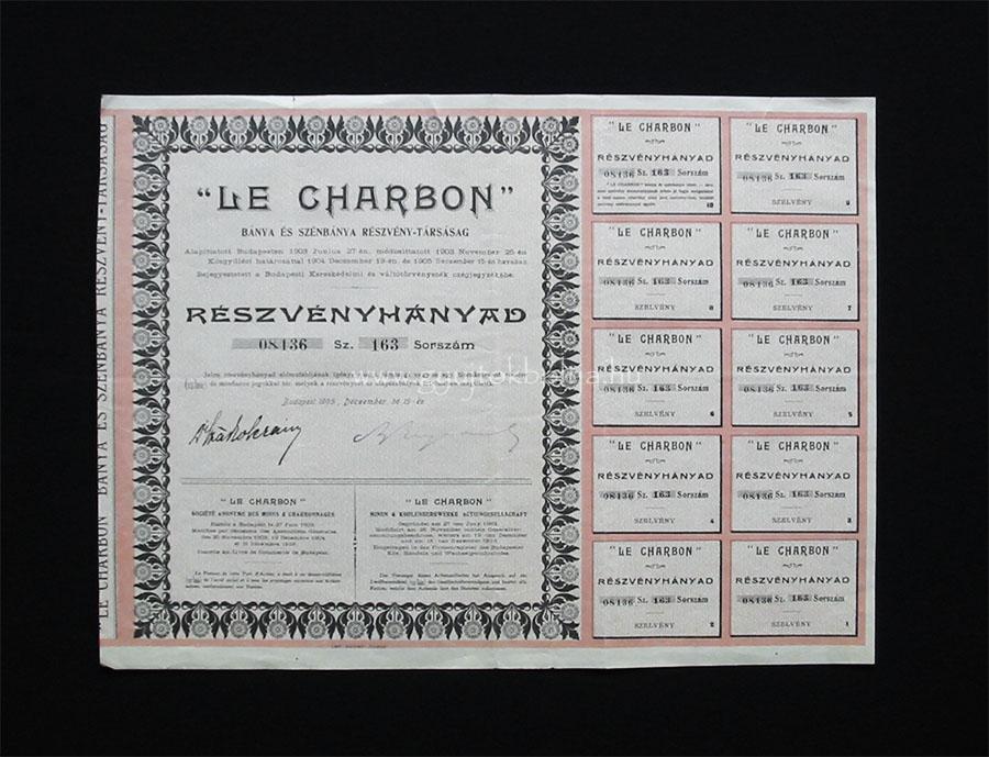Le Charbon Szénbánya Részvénytársaság részvényhányad 1905